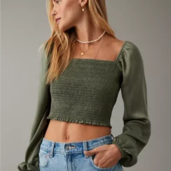 AE Smocked Satin Long-Sleeve Shirt