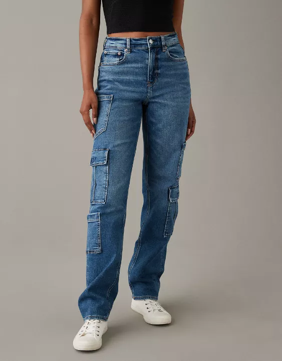 AE Stretch Super High-Waisted Baggy Straight Cargo Jean - Image 2