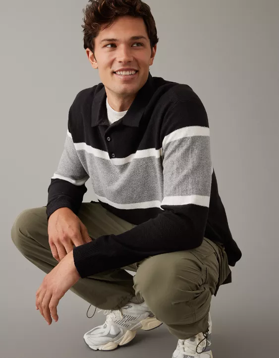 AE Long-Sleeve Striped Sweater Polo - Image 2