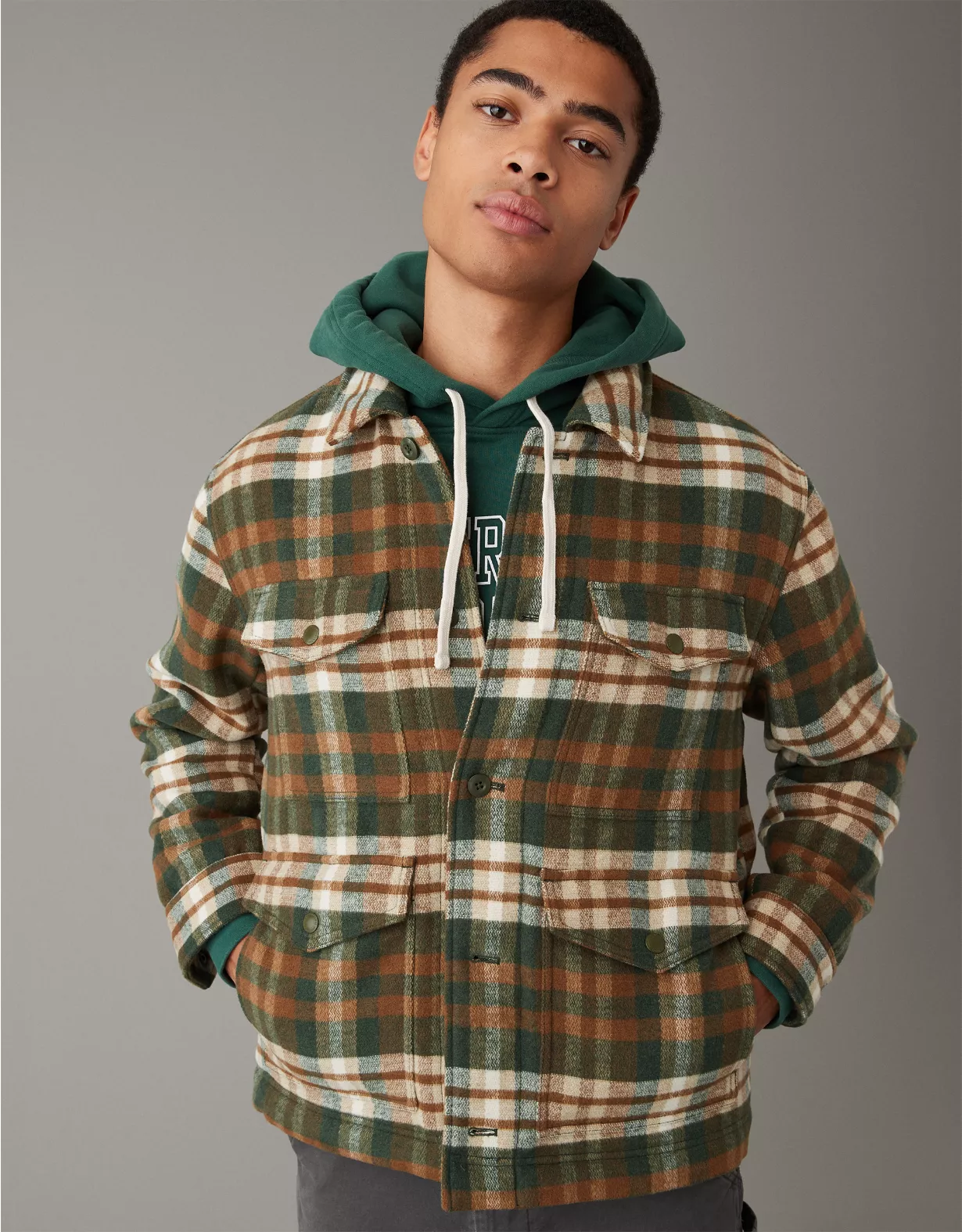 AE Plaid Button-Up Jacket