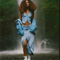 AE Dreamy Drape Low-Rise Denim Maxi Skirt